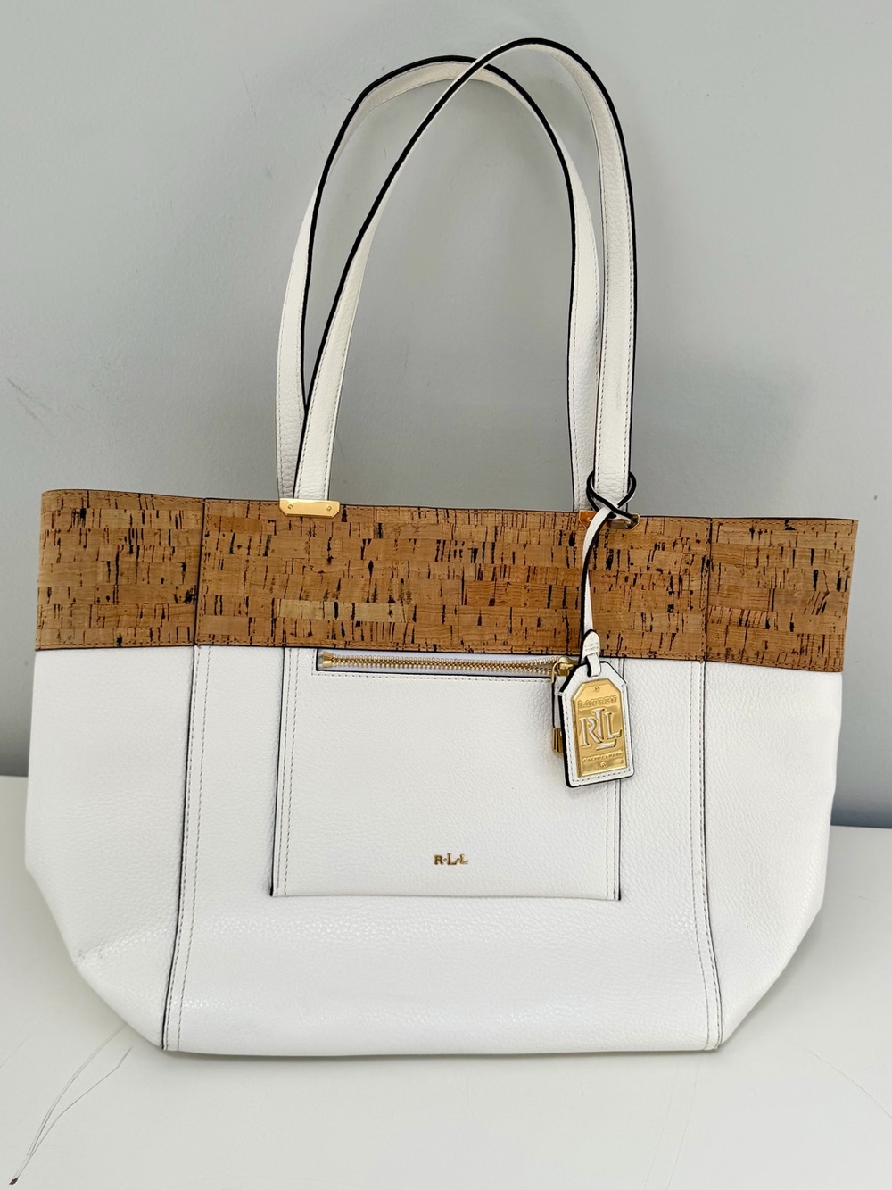 Lauren Ralph Lauren Paley White Leather Tote with Cork Band and Gold Hardware.